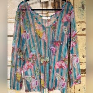 NEW A Rare Bird Striped Butterfly Mesh Top V-Neck Top